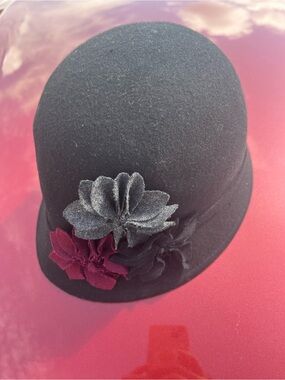 Vintage La Scala Black Cloche Hat with Floral Accents 100% wool